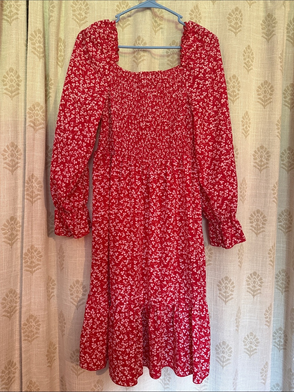 SHEIN Red Floral Smocked Long Sleeve Midi Dress